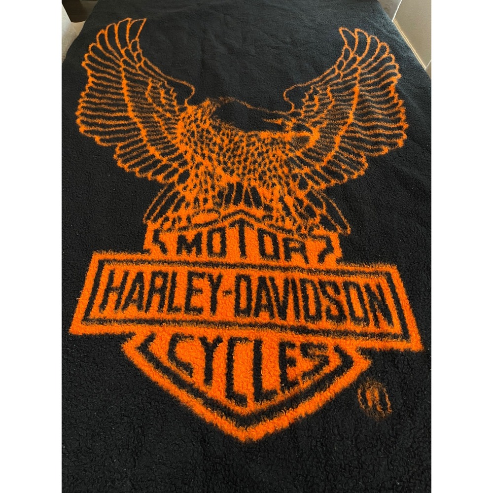Vintage Harley-Davidson Biederlack Eagle Fleece Blanket Orange Black Reversible